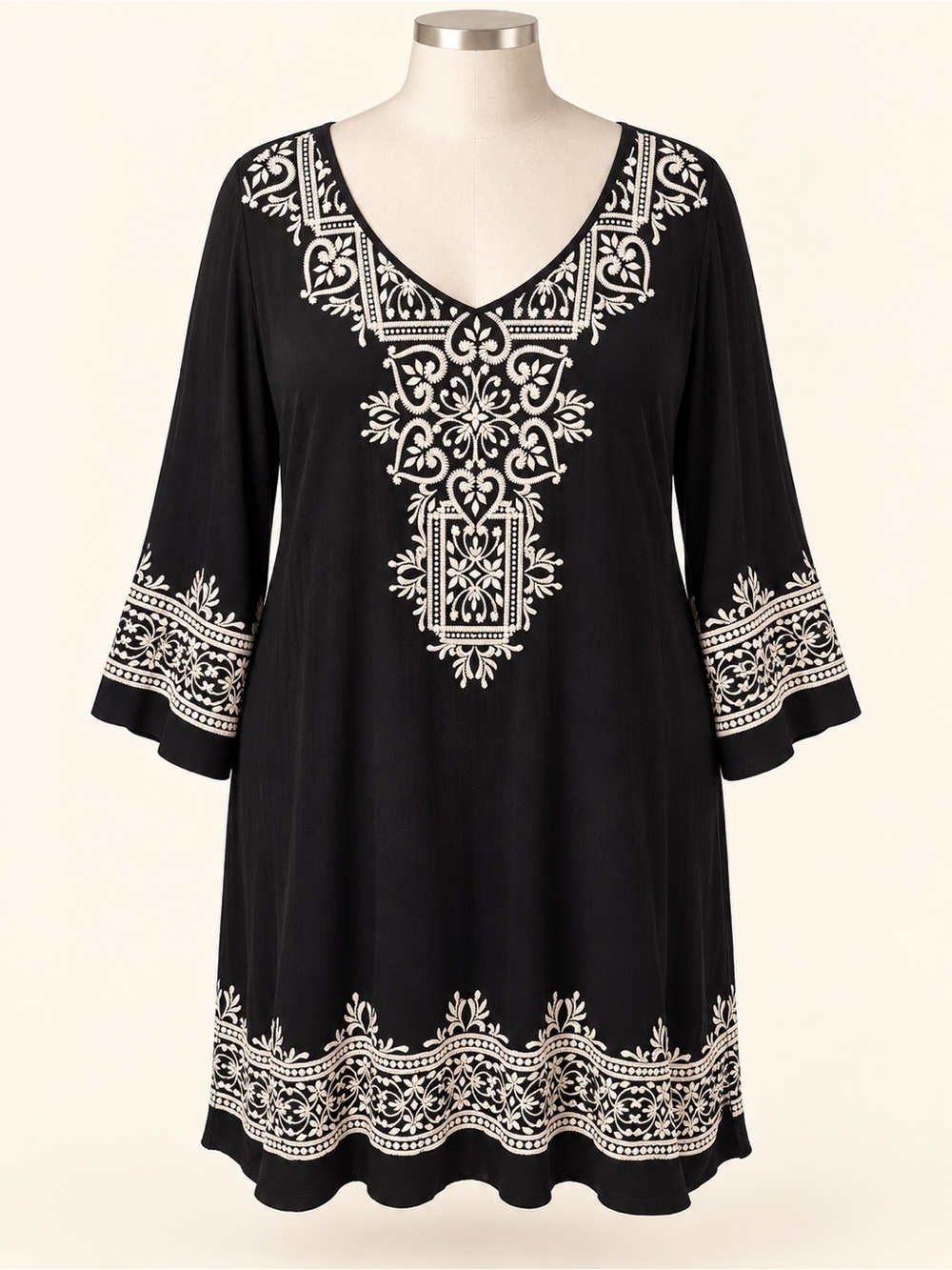 Multiples Black Long Sleeve Embroidered V-Neck Tunic Dress